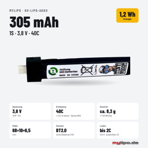 Lipo Battery 305mAh HV 3.8V 40/80C BT2 Male