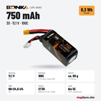 Bonka Lipo Akku 750mAh 11,1V 100C/200C  XT30 Goosky S2/OMP Hobby M2 Evo