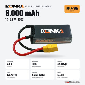 Bonka Lipo Akku HV 8000mAh 3,8V 100C Shorty Hardcase 5mm Bullet