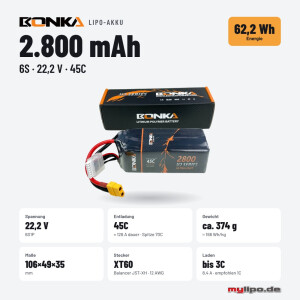 Bonka Lipo Akku 2800mAh 22,2V 6S 45C/90C XT60