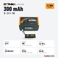 Bonka Lipo Akku 300mAh 3,7V 1S  75C/150C FPV BT2.0 Ultralight