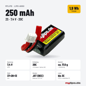 Lipo Akku 250mAh 7,4V 20C/40C JST-Red