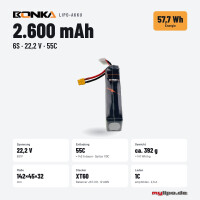 Bonka Lipo Akku 2600mAh 22,2V 6S 55C/110C XT60