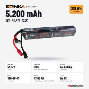 Bonka Lipo Akku 5200mAh 44,4V 12S 120C lang 13Pol Balancer AS150 Antiblitz
