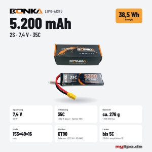 Bonka Lipo Akku 5200mAh 7,4V 2S 35C/70C XT90