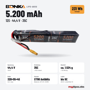 Bonka Lipo Akku 5200mAh 44,4V 12S 35C XT90AB lang 13Pol Balancer