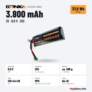 Bonka LiFePo 3800mAh 9,9V 3S 25C MPX Female