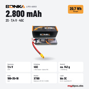 Bonka Lipo Akku 2800mAh 7,4V 2S 45C/90C XT60