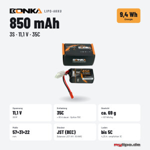 Bonka Lipo Akku 850mAh 11,1V 35C/70C JST