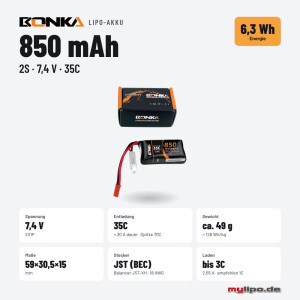 Bonka Lipo Akku 850mAh 7,4V 35C/70C JST Stecker