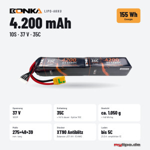 Bonka Lipo Akku 4200mAh 37V 10S 35C lang XT90 Antiblitz