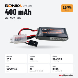 Bonka Lipo Akku 400mAh 7,4V 2S 50C JR-Anschluß