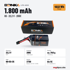 Bonka Lipo Akku1800mAh 22,2V 200C FPV XT60