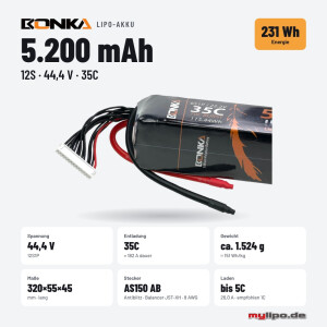 Bonka Lipo Akku 5200mAh 44,4V 12S 35C AS150AB lang 13Pol Balancer
