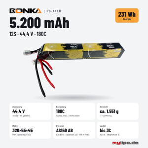 Bonka Lipo Akku 5200mAh 44,4V 12S 180C lang Splittpack 2x6S BalancerAS150AB