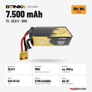 Bonka Lipo Akku 7500mAh 100C  25,9V XT90 Antiblitz